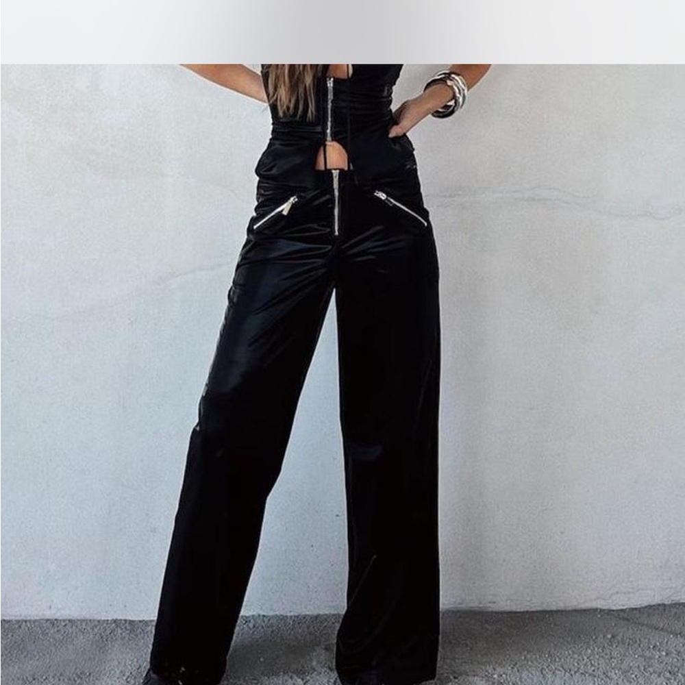 WeWoreWhat Glossy Black Wide Leg Jumpsuit